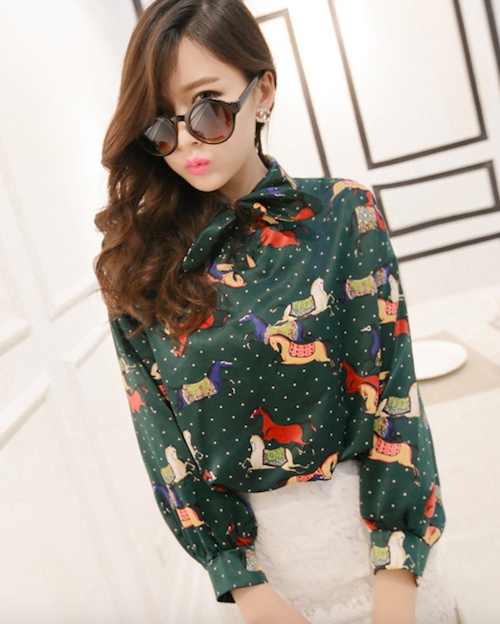 BM71123 Neck Ribbon Horse Print Green