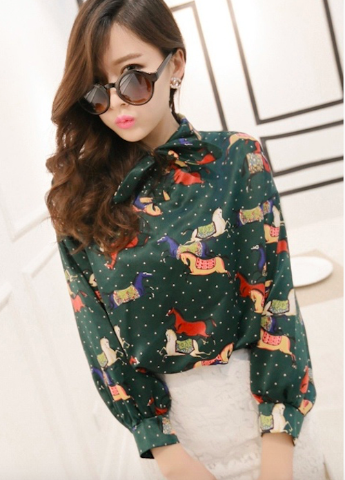 BM71123 Neck Ribbon Horse Print Green