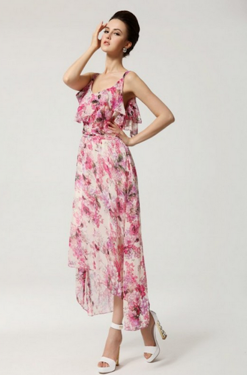WD21677 Floral Ruffle Maxi Dress Pink