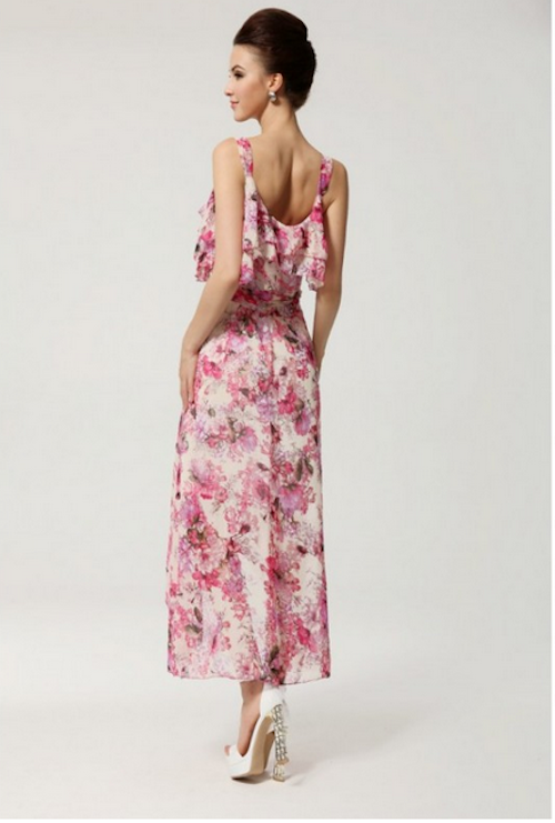 WD21677 Floral Ruffle Maxi Dress Pink