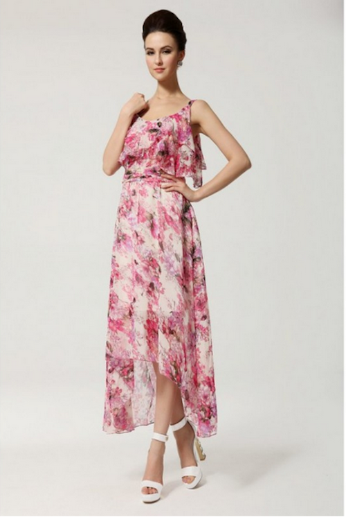 WD21677 Floral Ruffle Maxi Dress Pink