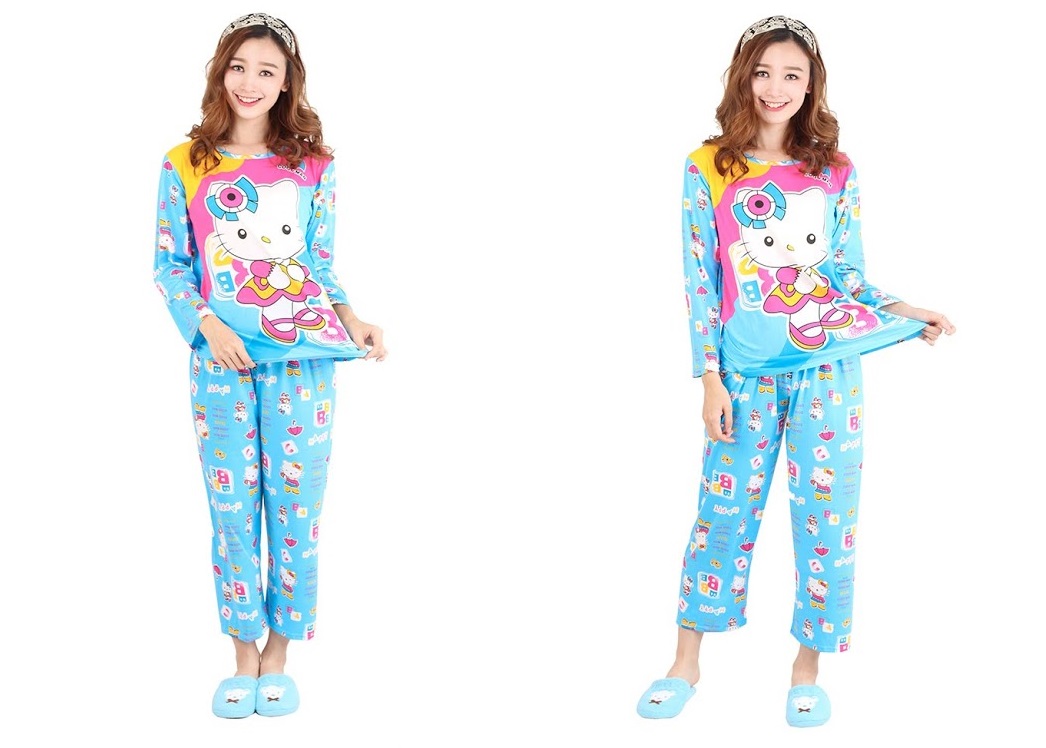 QA-472 Cute Long Sleeves Sleepwear Blue Hello Kitty