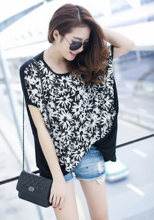 WT21745 Fashion Flower Top Black