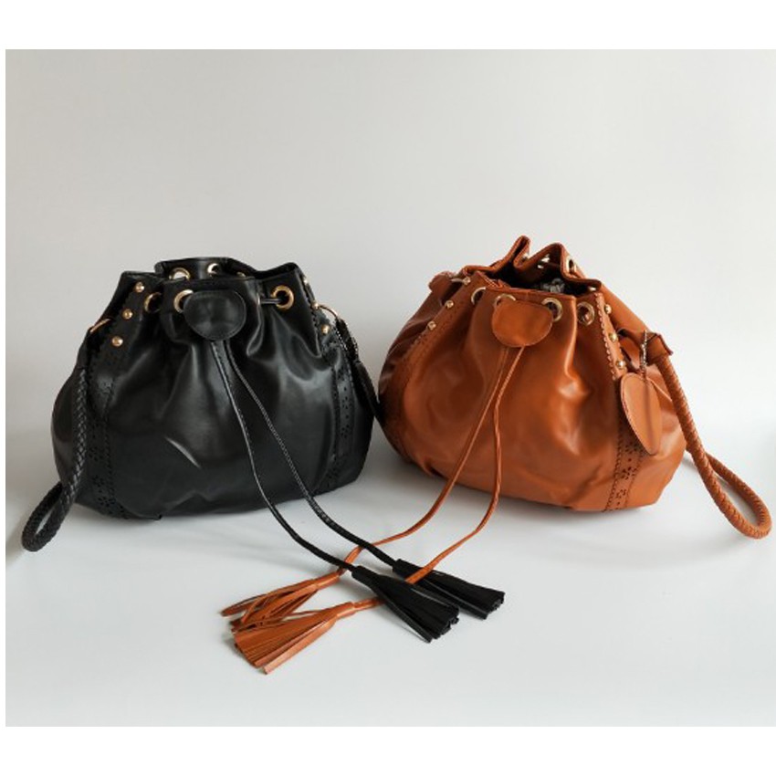 KW80385 Bucket Tassel Sling Bag Brown