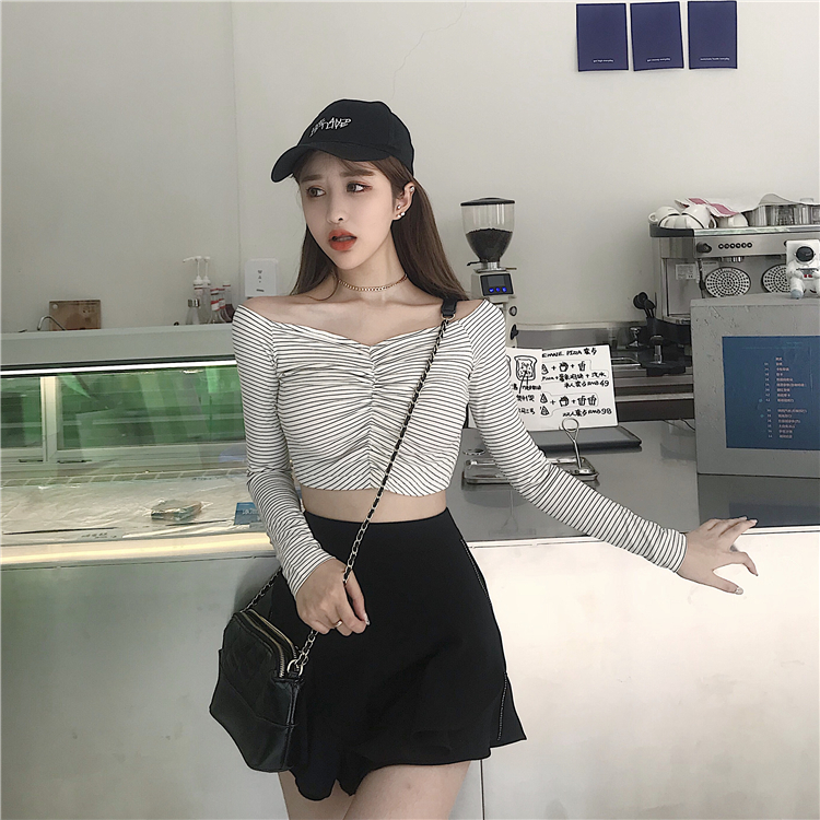 FF-129 Casual Off Shoulder Stripe Top White