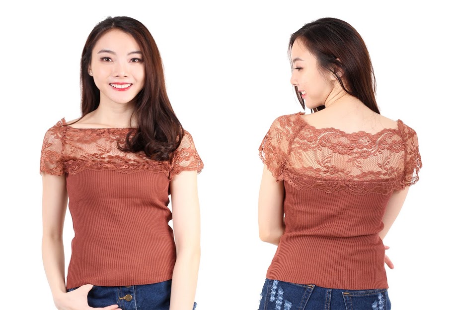 QA-535 COLD SHOULDER LACES TOP COFFEE