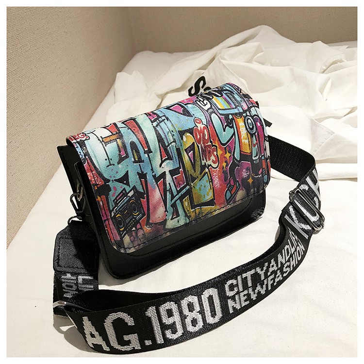 KW80409 STREET ART DESIGN SLING BAG BLACK