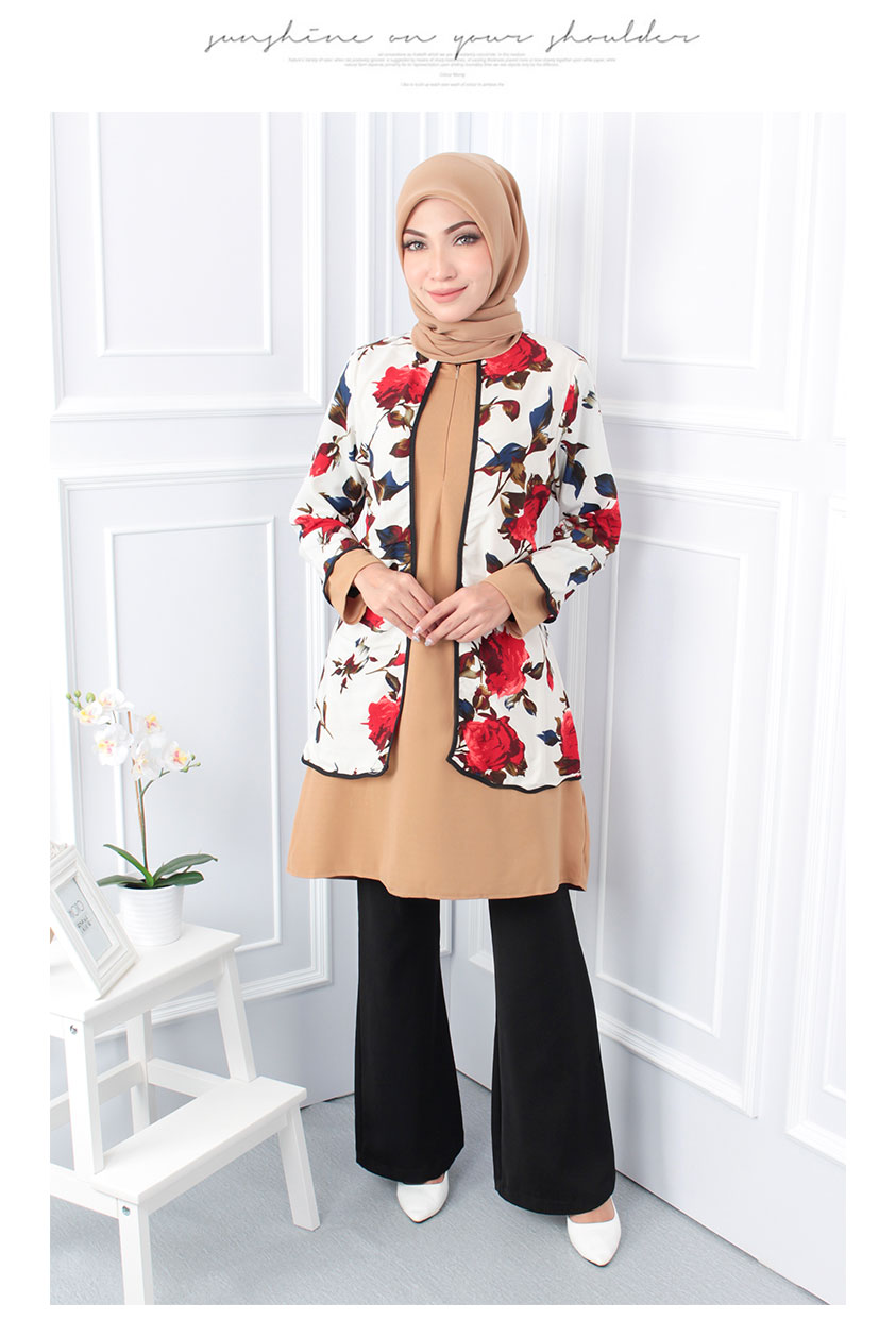QA-558 WOMEN'S FRONT ZIP BLOUSE WHITE KHAKI