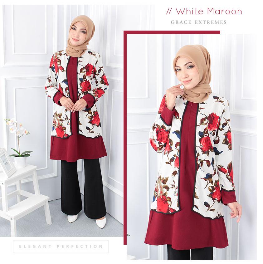 QA-558 WOMEN'S FRONT ZIP BLOUSE WHITE MAROON