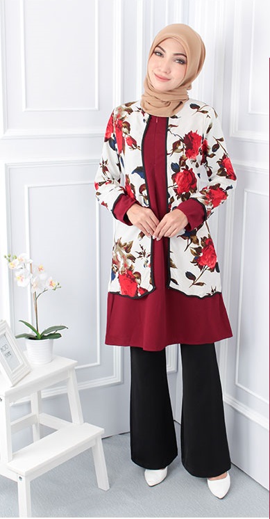 QA-558 WOMEN'S FRONT ZIP BLOUSE WHITE MAROON