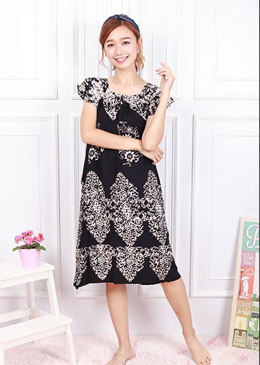 QA-604 Neckline Kaftan Sleeping Dress Black