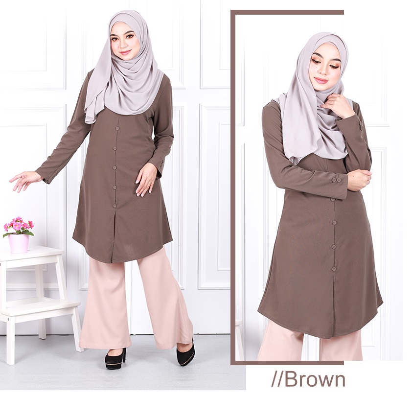 QA-634 BUTTON TUNIC BLOUSE BROWN