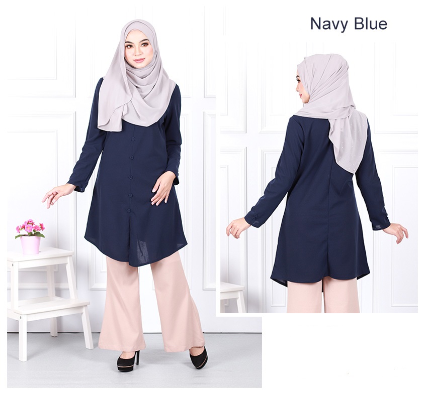 QA-634 BUTTON TUNIC BLOUSE NAVY BLUE