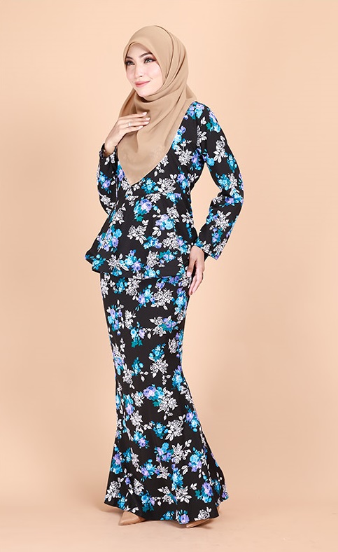 QA-688 ELEENA FLORAL PRINTED KURUNG BLACK