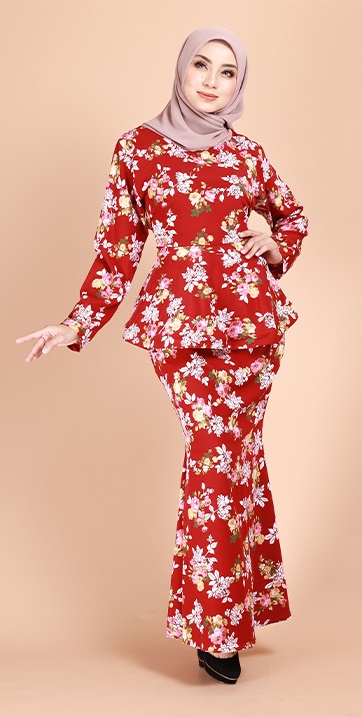 QA-688 ELEENA FLORAL PRINTED KURUNG RED