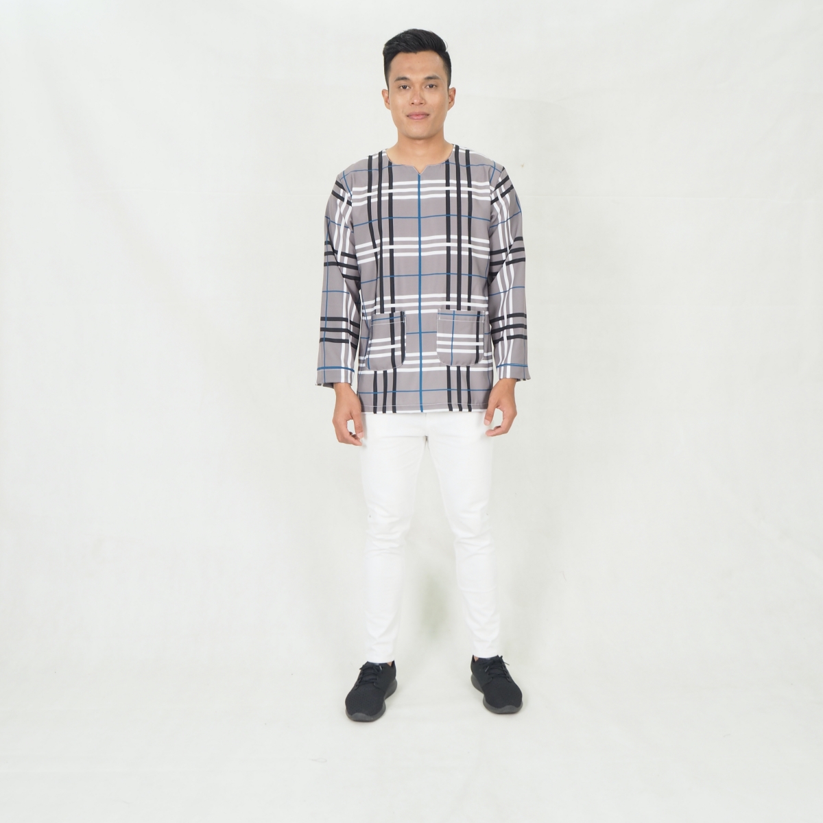 SW5219 MEN CHECKER PRINTED KURTA GREY