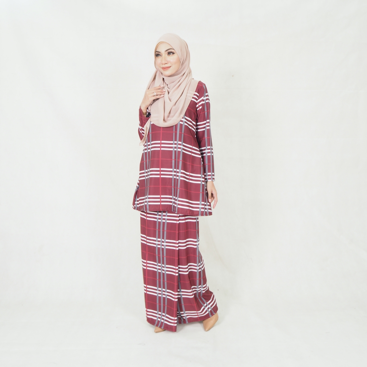 SW5200 CHECKER PRINTED KURUNG MAROON
