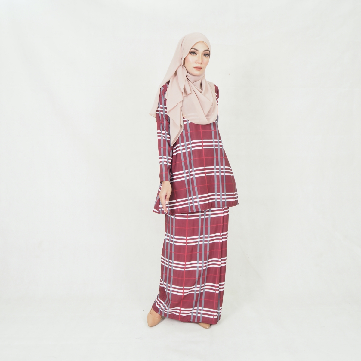SW5200 CHECKER PRINTED KURUNG MAROON
