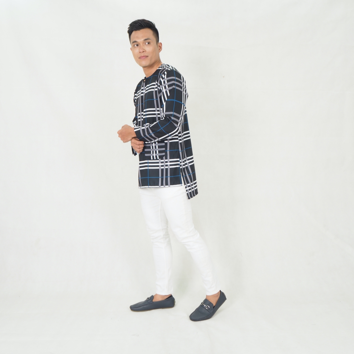 SW5219 MEN CHECKER PRINTED KURTA BLACK