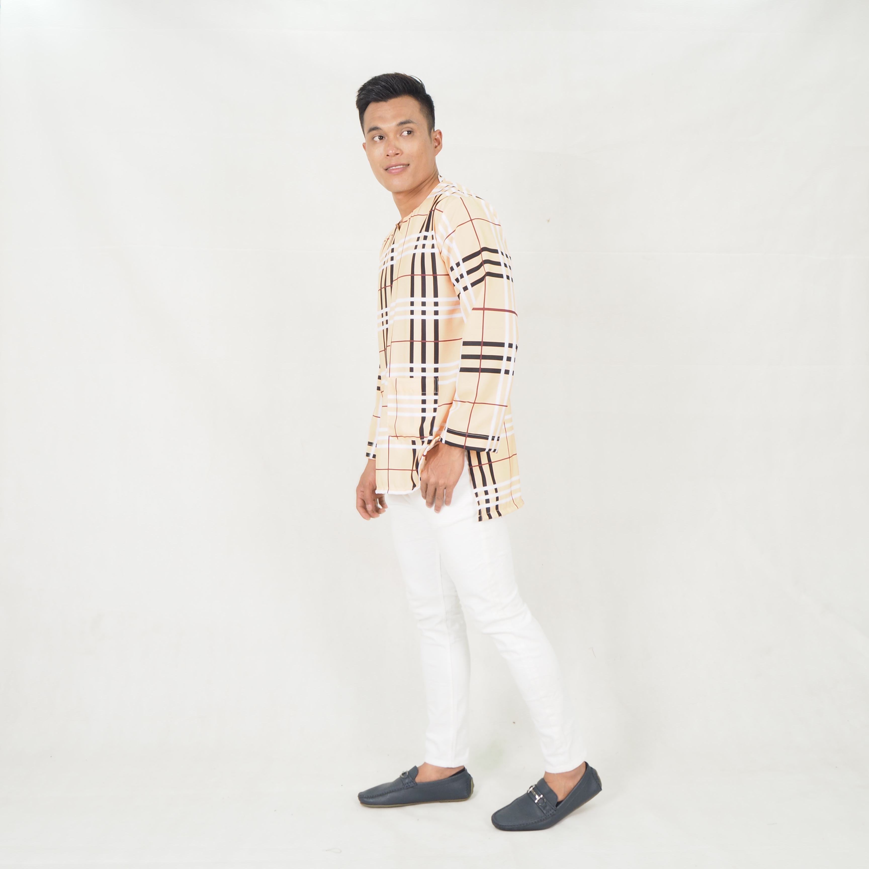 SW5219 MEN CHECKER PRINTED KURTA CREAM