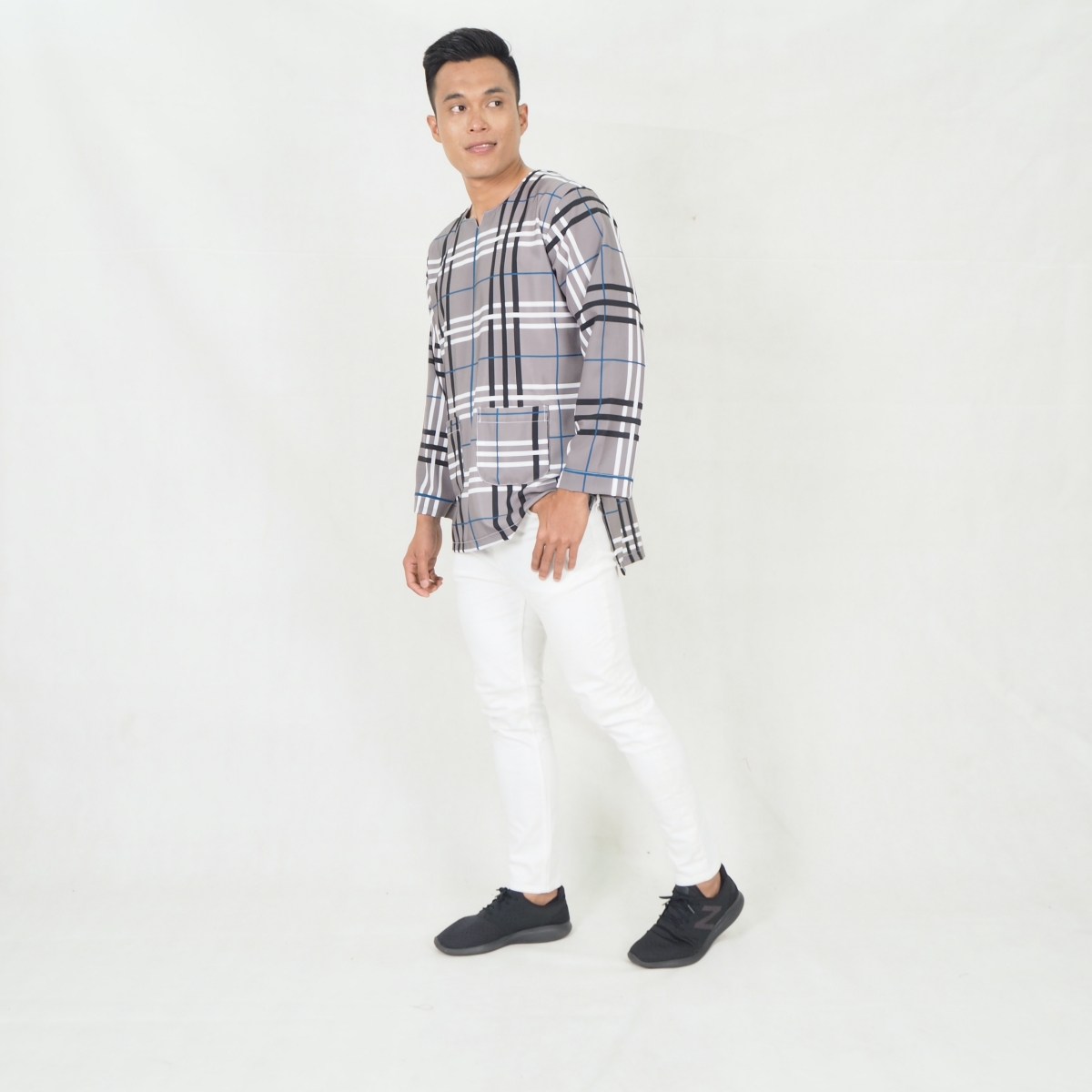SW5219 MEN CHECKER PRINTED KURTA GREY