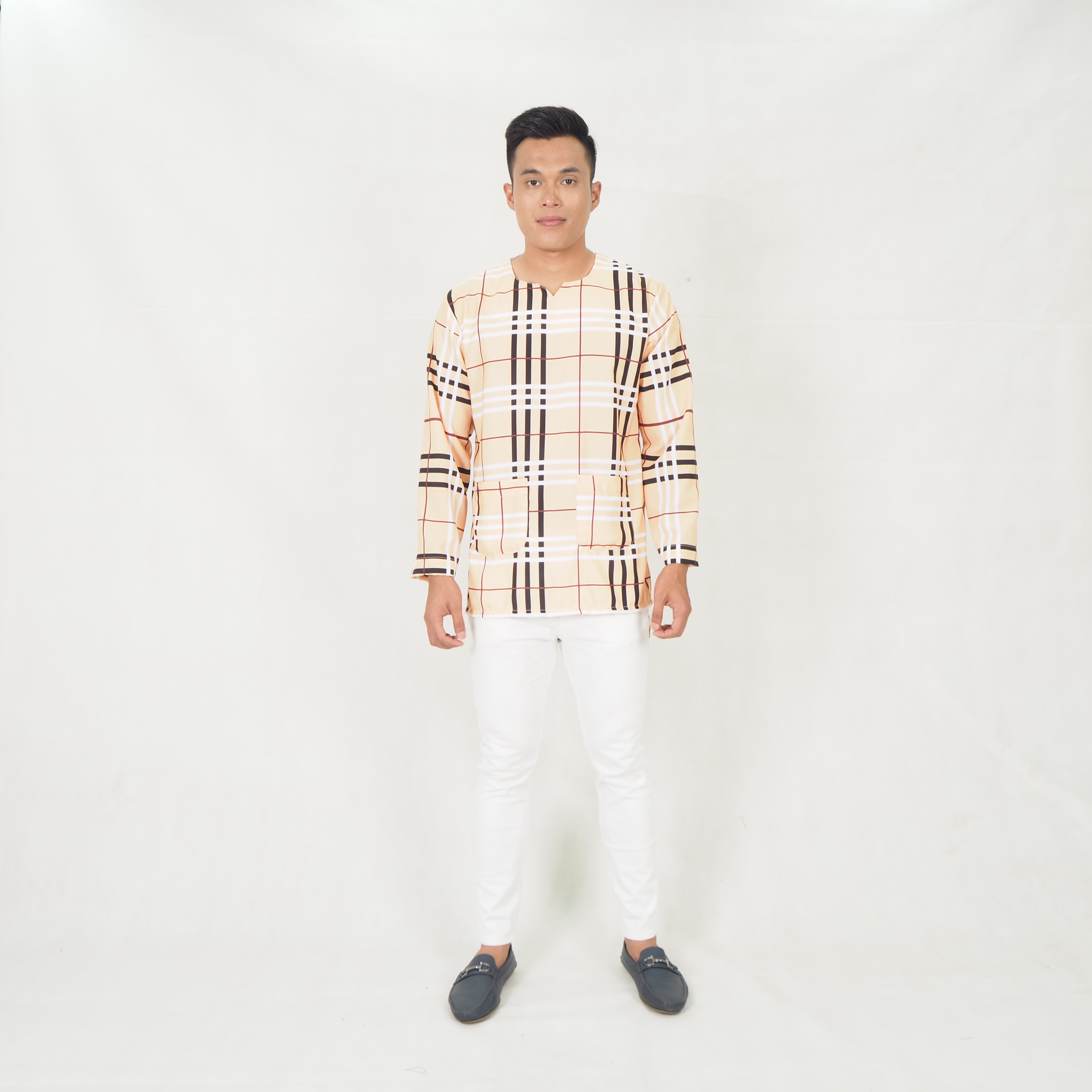 SW5219 MEN CHECKER PRINTED KURTA CREAM