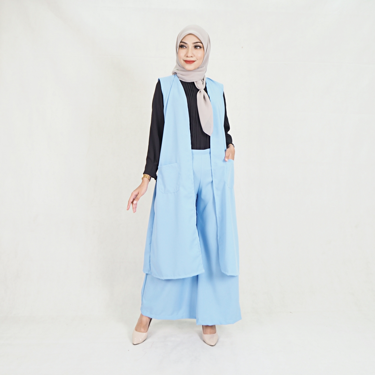 SW5209 WOMEN'S FASHION BLOUSE & PANT SET BABY BLUE
