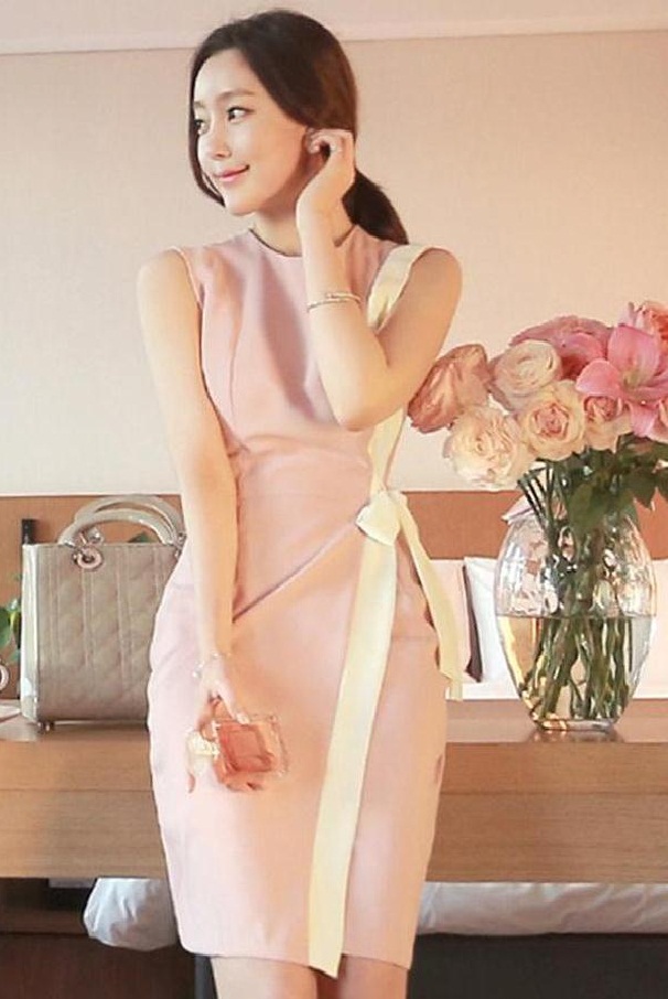 BM71298 Waist Tie Korean Dress As Picture