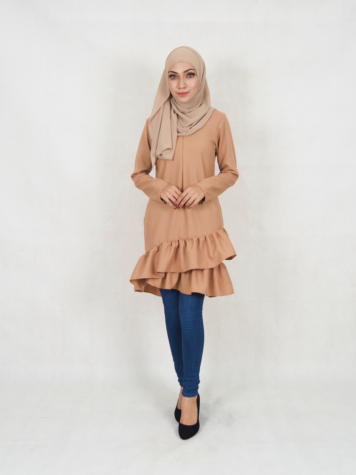 SW5354 PLUS SIZE PEPLUM BLOUSE BROWN