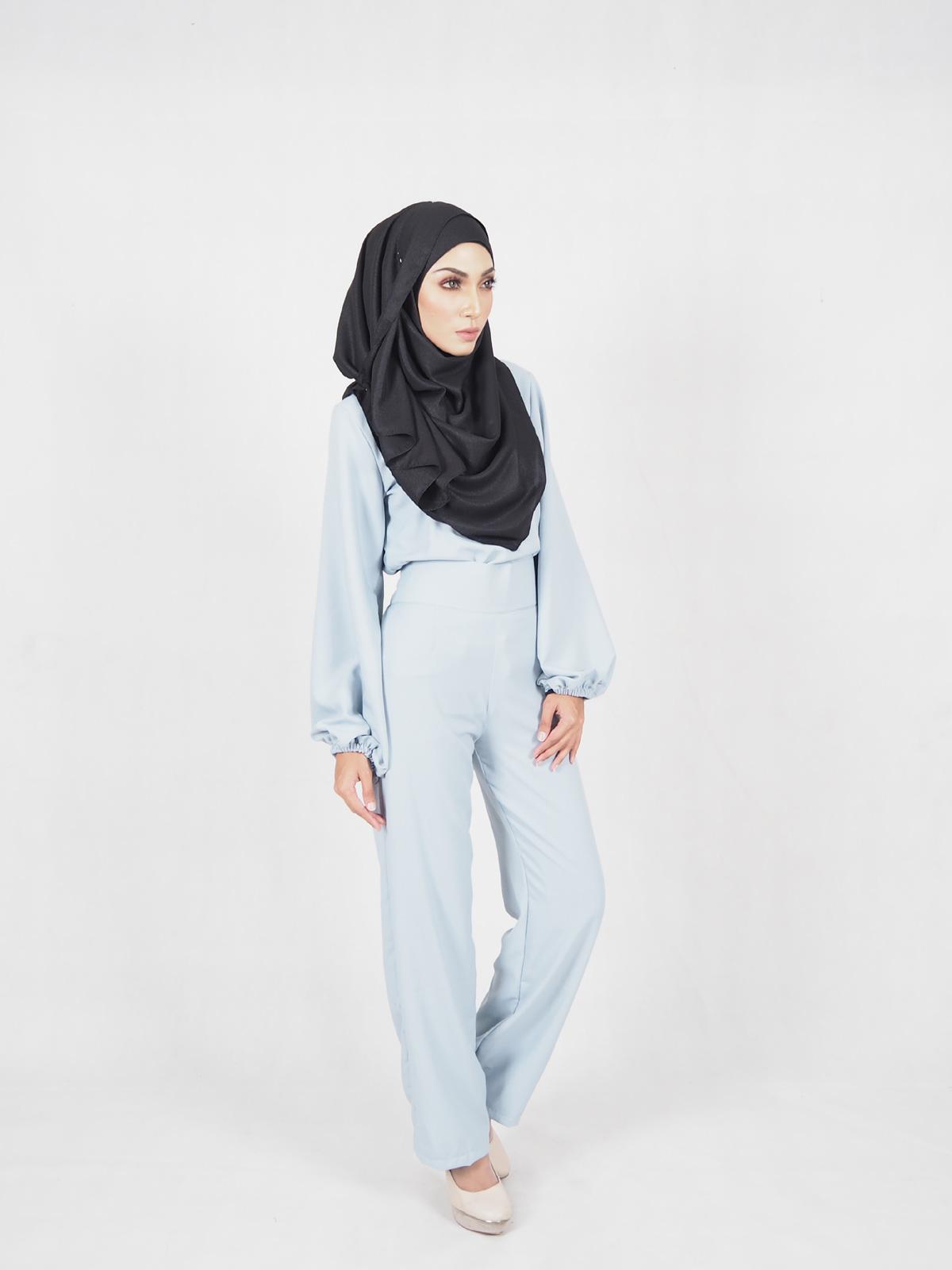 SW5366 High Waist Set Blouse+Pants Light Blue