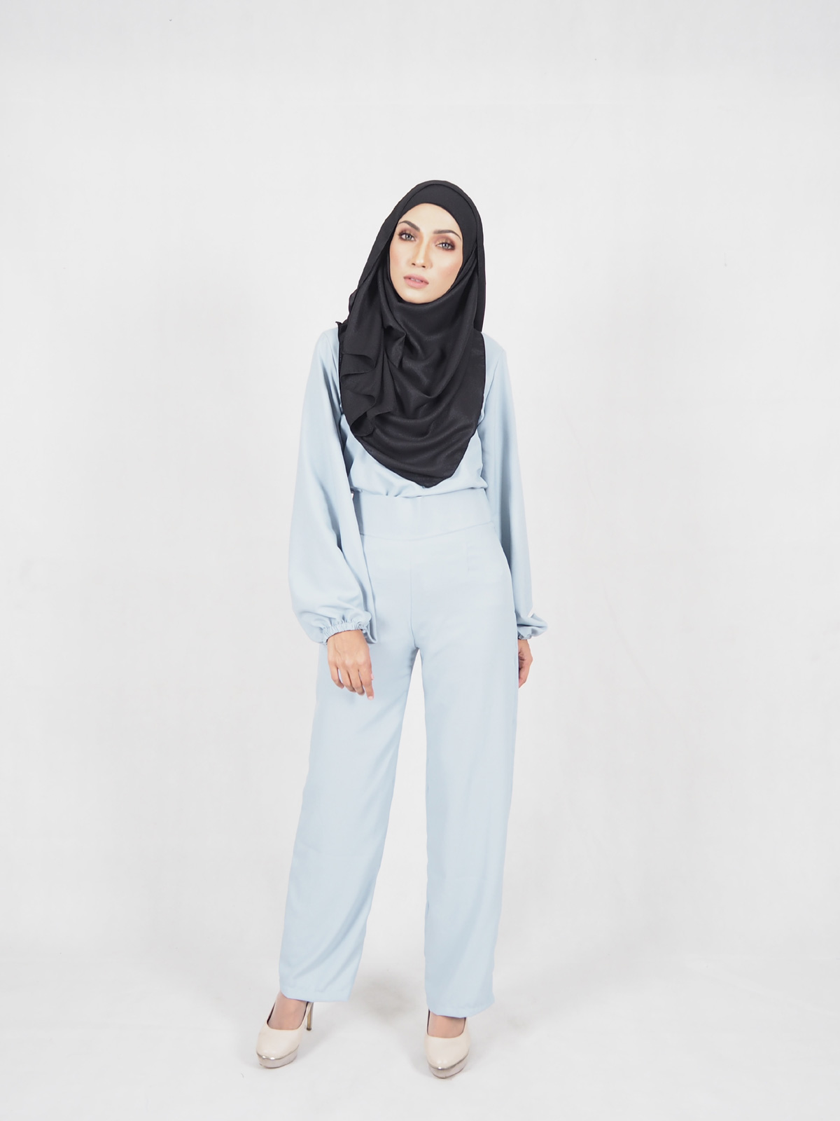 SW5366 High Waist Set Blouse+Pants Light Blue