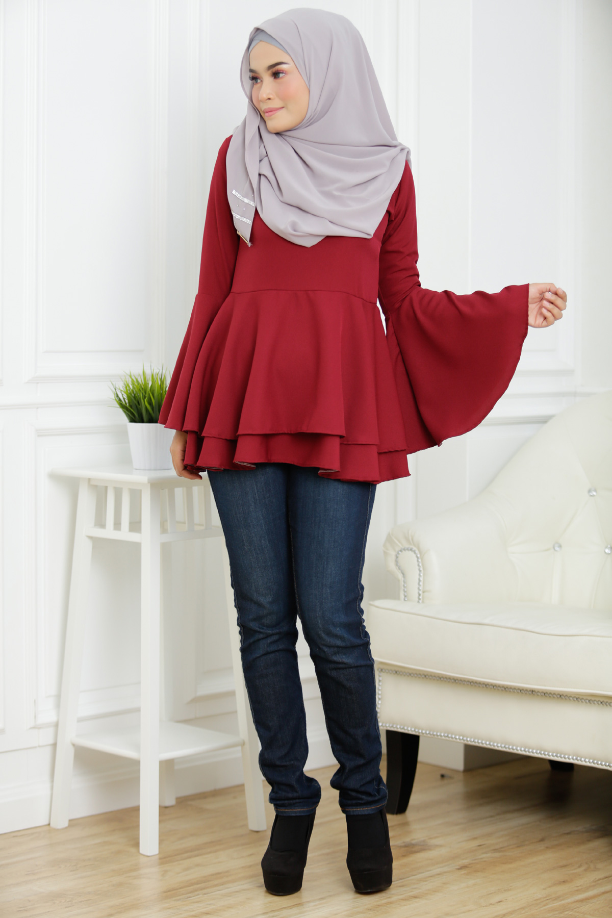 SW5378 PLUS SIZE PEPLUM BLOUSE MAROON