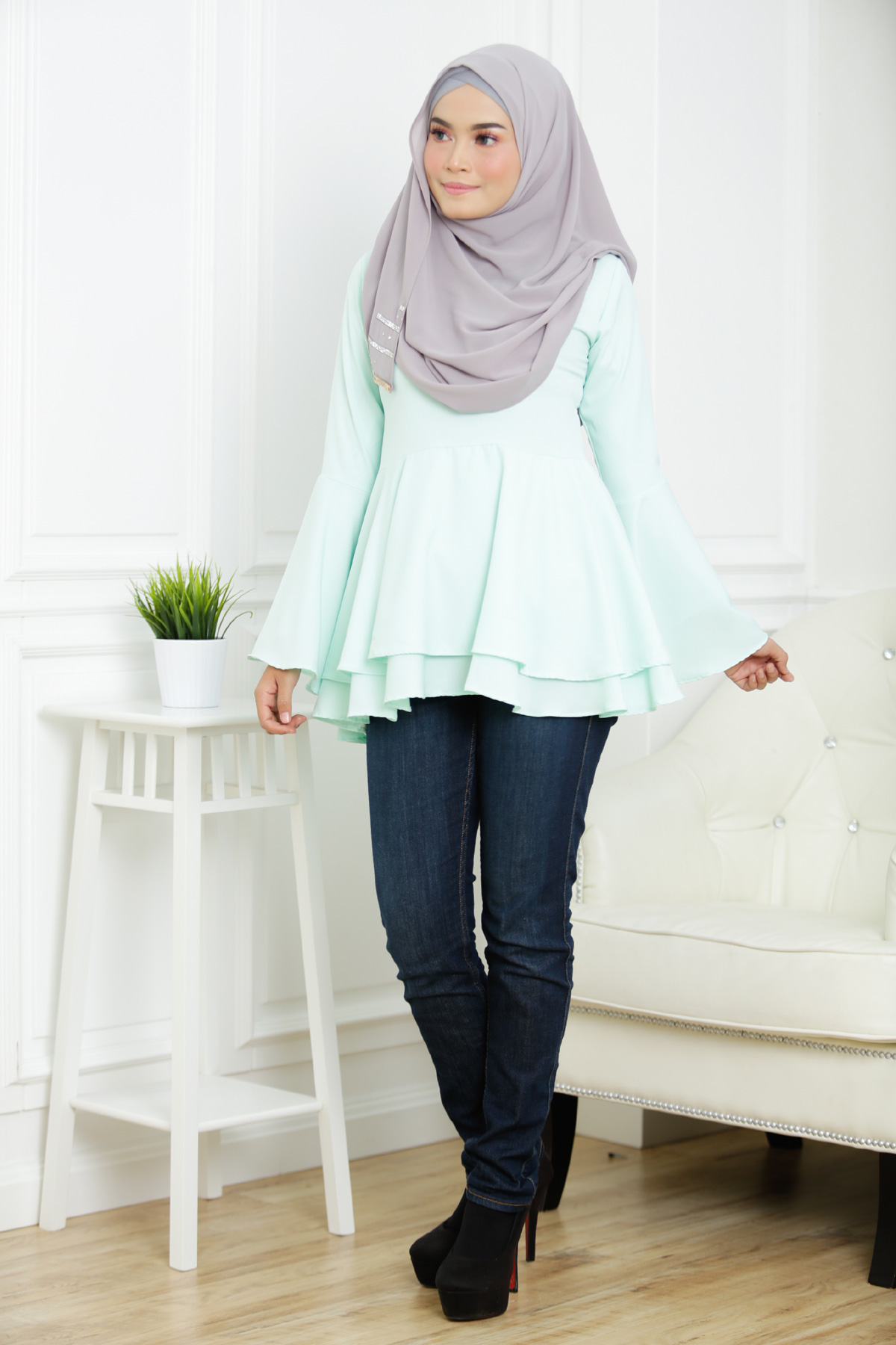 SW5378 PLUS SIZE PEPLUM BLOUSE GREEN