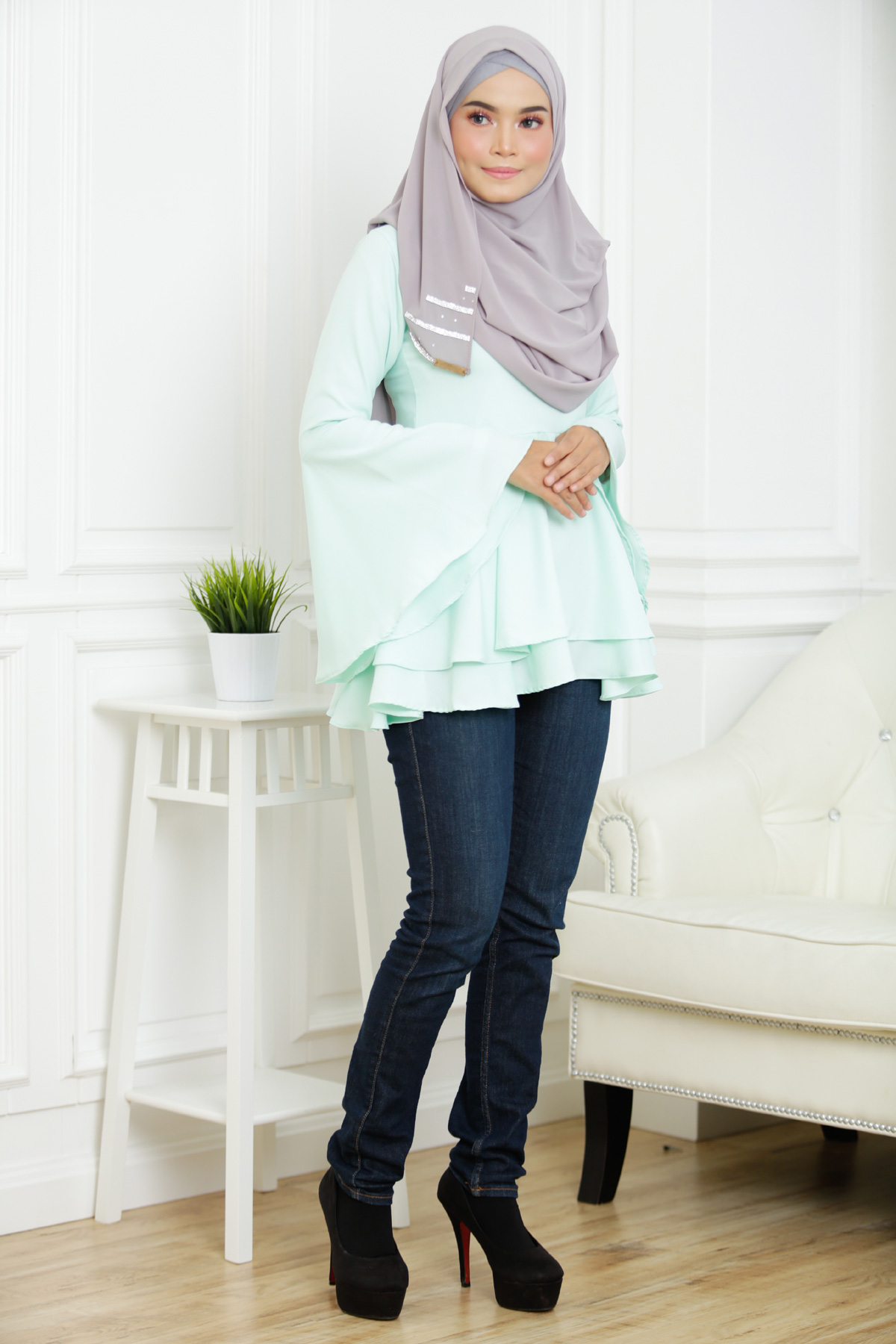 SW5378 PLUS SIZE PEPLUM BLOUSE GREEN