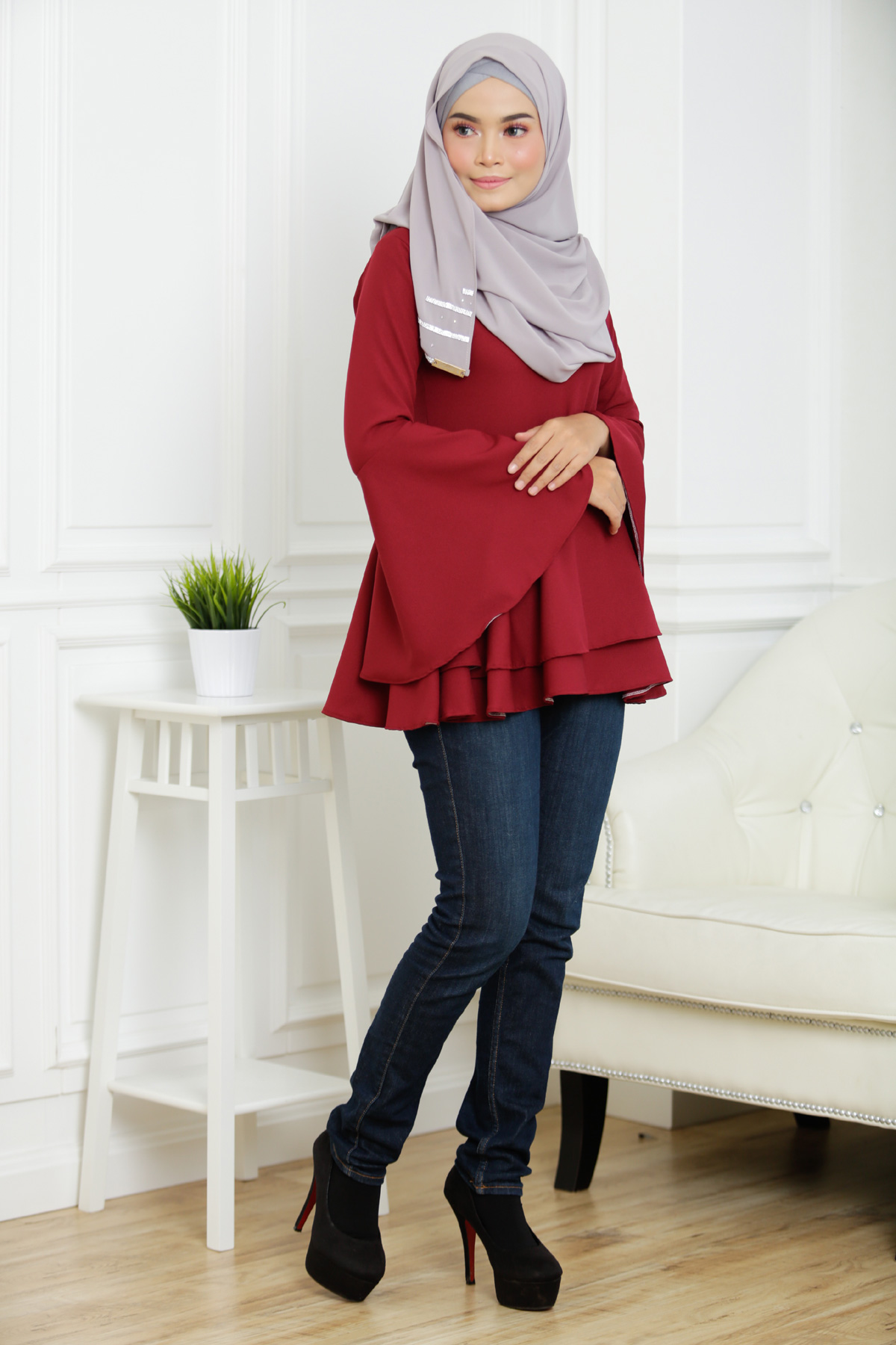 SW5378 PLUS SIZE PEPLUM BLOUSE MAROON