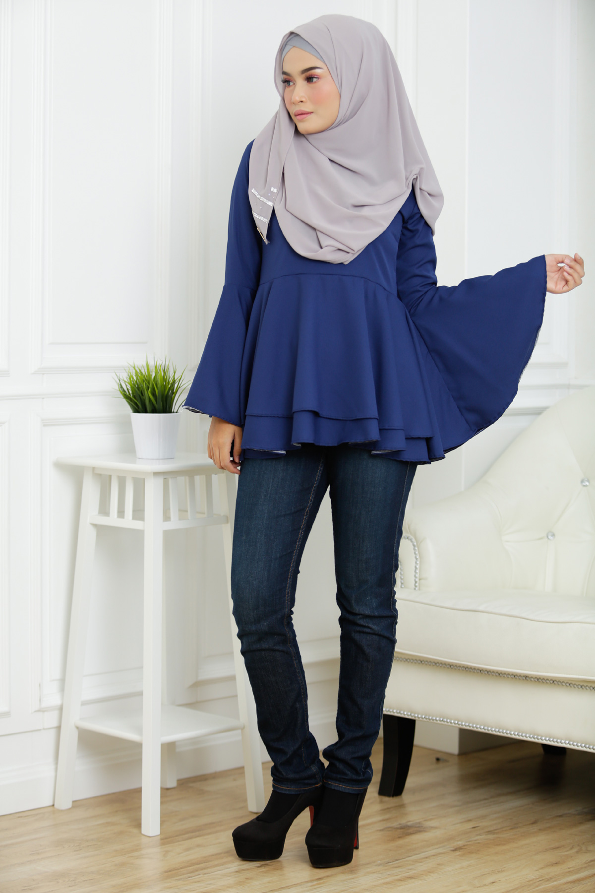 SW5378 PLUS SIZE PEPLUM BLOUSE NAVY BLUE