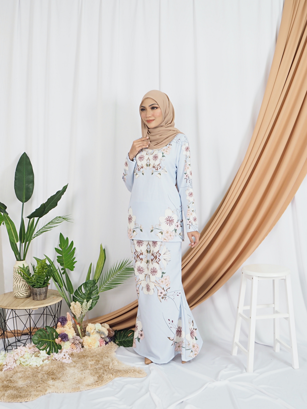 SW5417 Floral Printed Baju Kurung Blue
