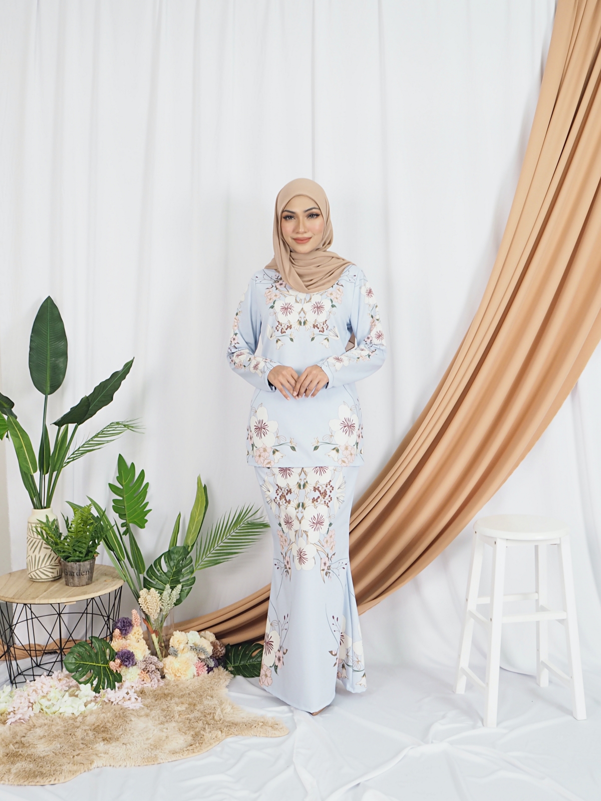 SW5417 Floral Printed Baju Kurung Blue