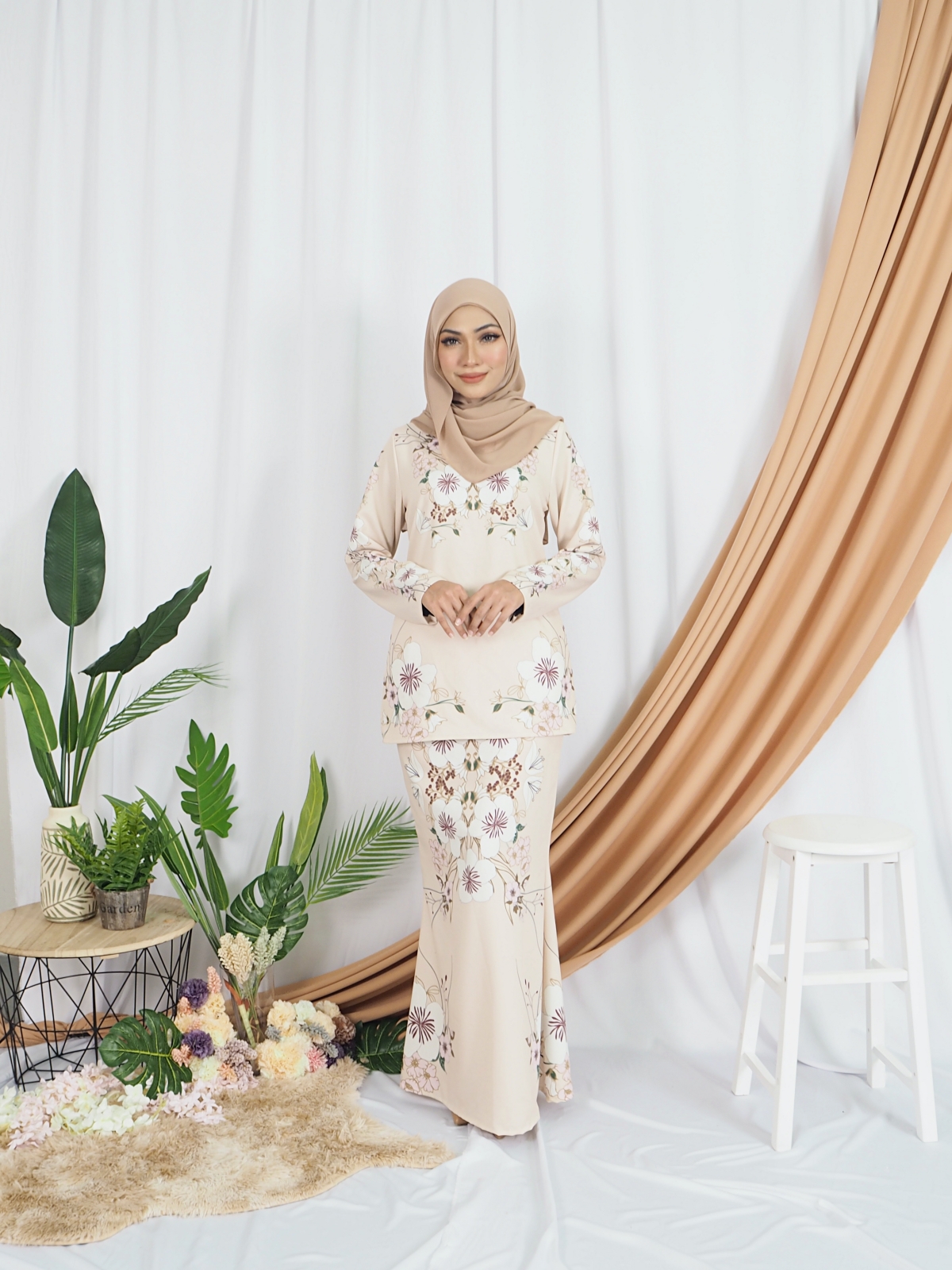 SW5417 Floral Printed Baju Kurung Cream