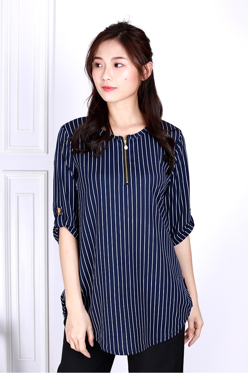 QA-824 STRIPED ZIPPER BLOUSE NAVY BLUE