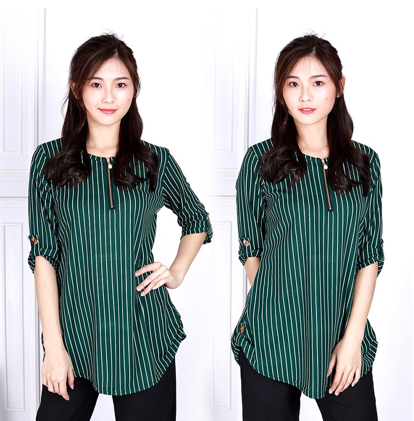 QA-824 STRIPED ZIPPER BLOUSE GREEN