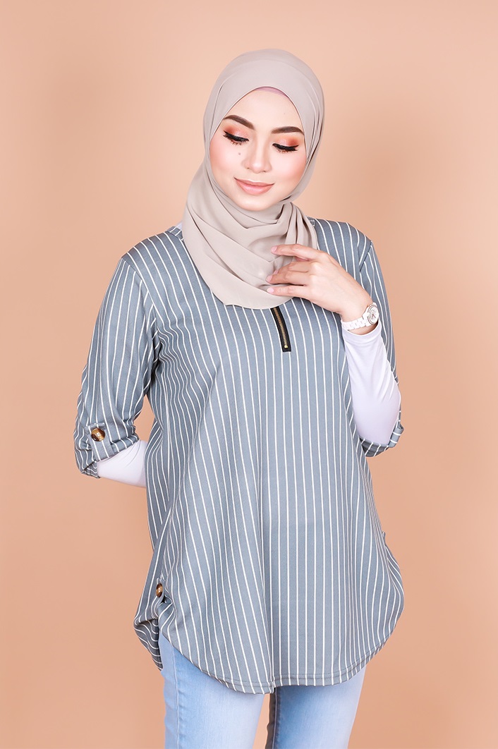 QA-824 STRIPED ZIPPER BLOUSE GREY