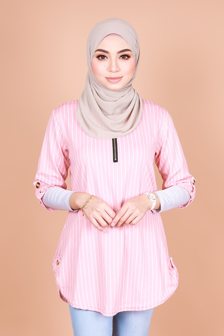 QA-824 STRIPED ZIPPER BLOUSE PINK