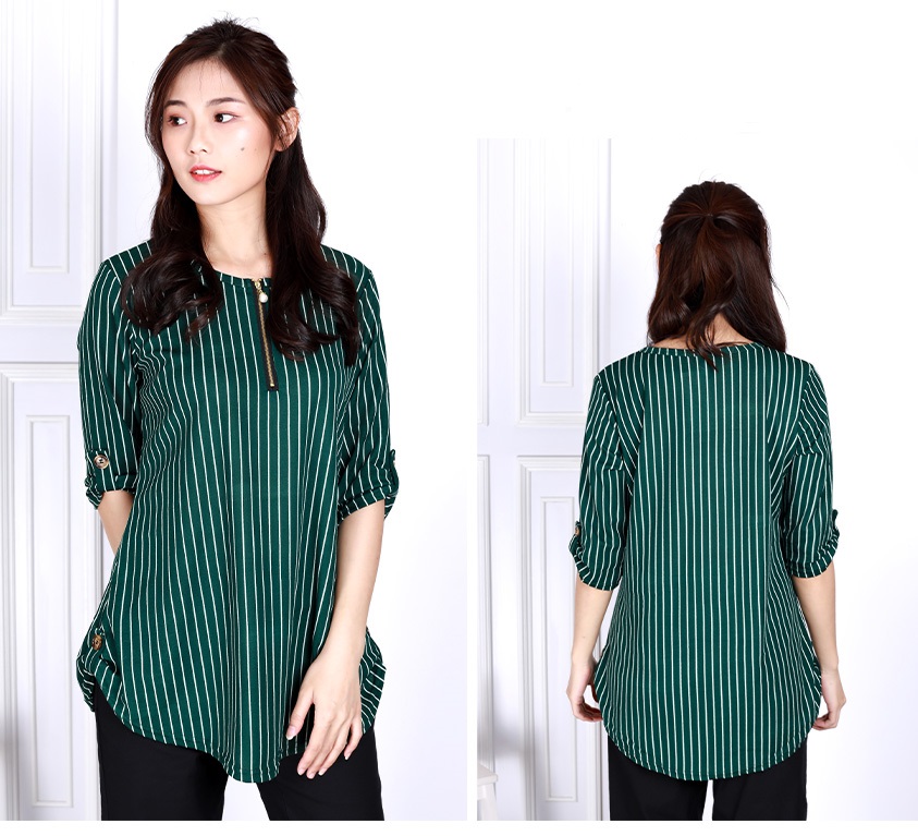 QA-824 STRIPED ZIPPER BLOUSE GREEN