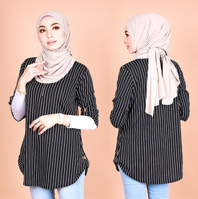 QA-824 STRIPED ZIPPER BLOUSE BLACK