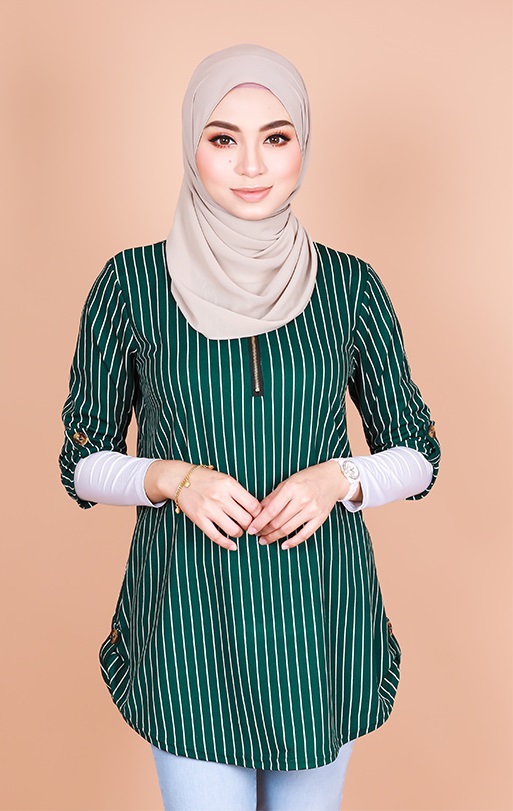 QA-824 STRIPED ZIPPER BLOUSE GREEN