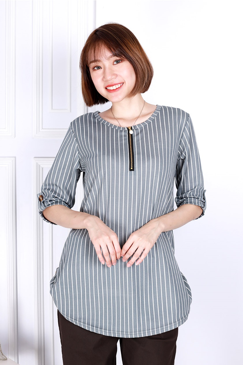 QA-824 STRIPED ZIPPER BLOUSE GREY