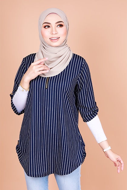 QA-824 STRIPED ZIPPER BLOUSE NAVY BLUE