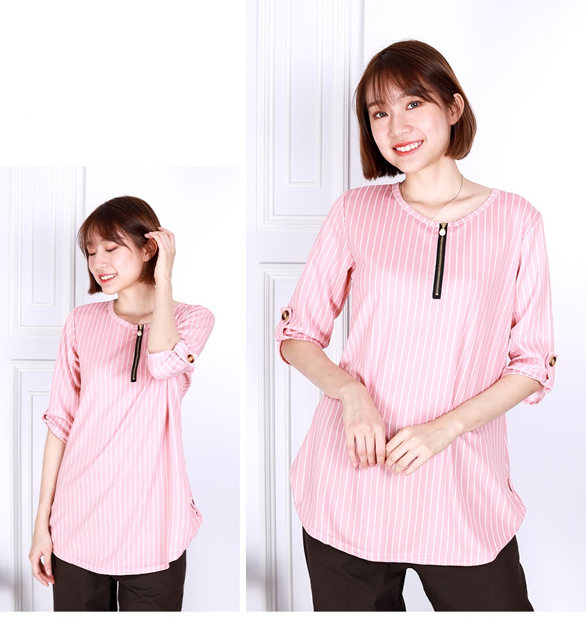 QA-824 STRIPED ZIPPER BLOUSE PINK