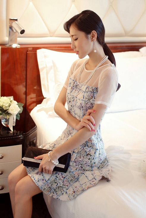 BM71386 Sexy Embroidered Lace Dress Blue